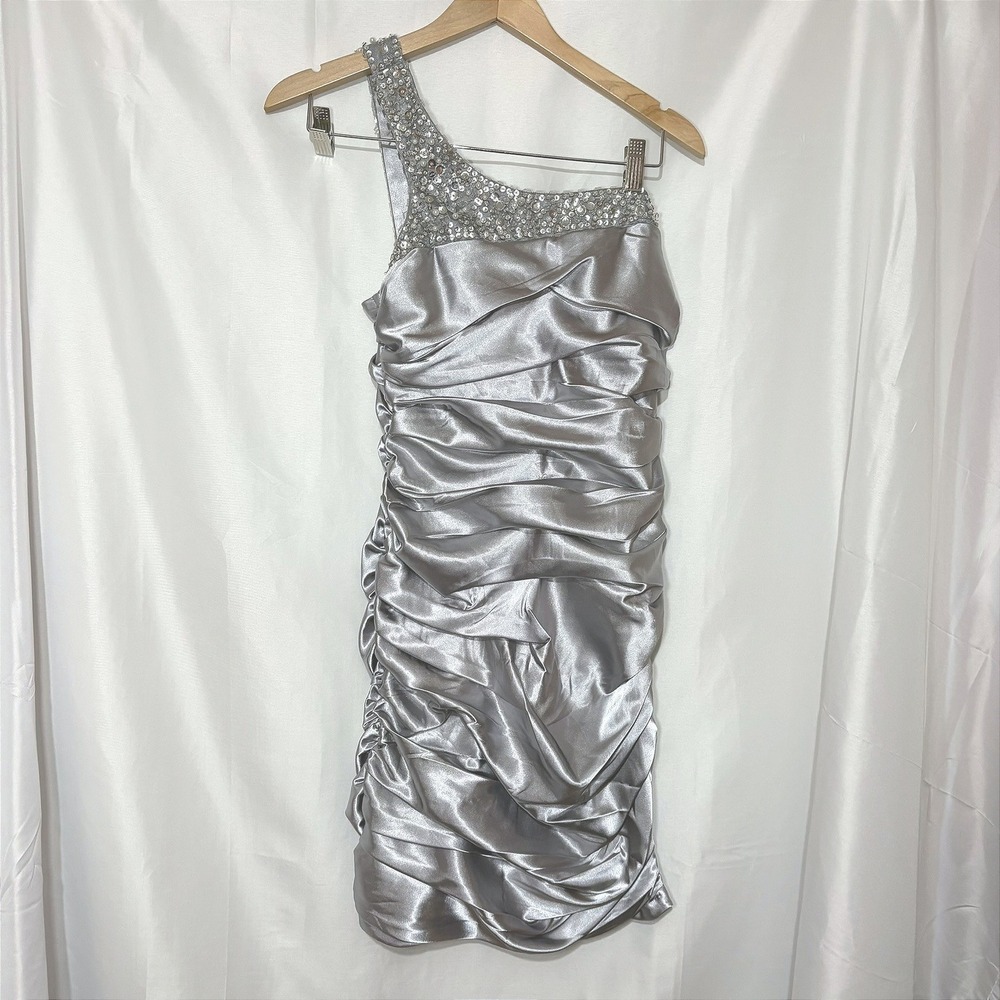 City Triangles Silver‎ One Shoulder Ruched Sequin Mini Dress Vintage Y2K Size 7